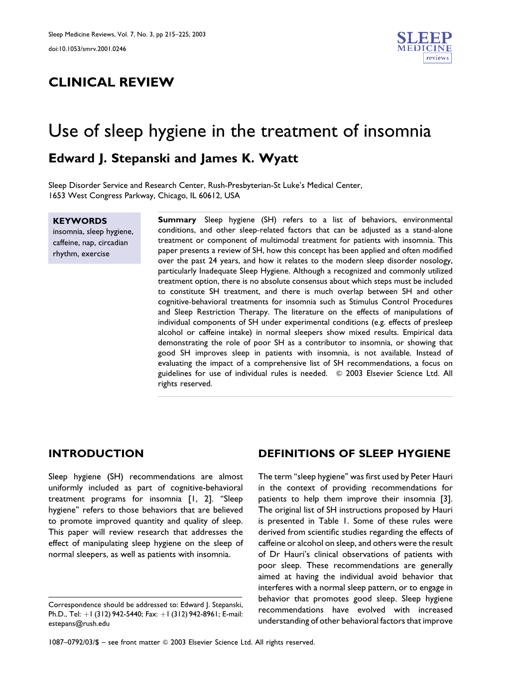 Use of Sleep Hygiene in the Treatment of Insomnia Edward J