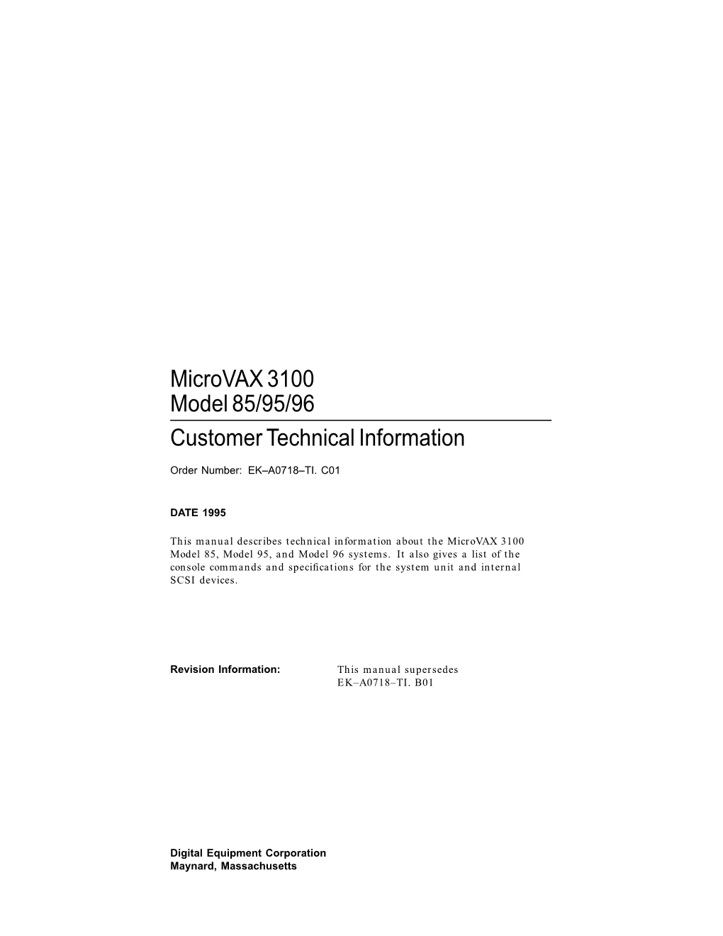 Microvax 3100 Model 85/95/96 Customer Technical Information