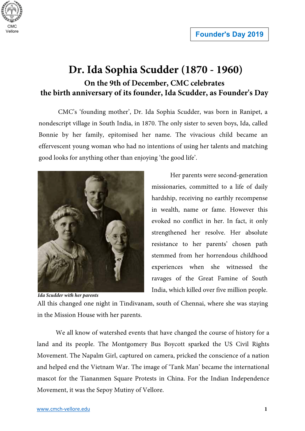 Dr. Ida Sophia Scudder (1870 - 1960) on the 9Th of December, CMC Celebrates the Birth Anniversary of Its Founder, Ida Scudder, As Founder's Day