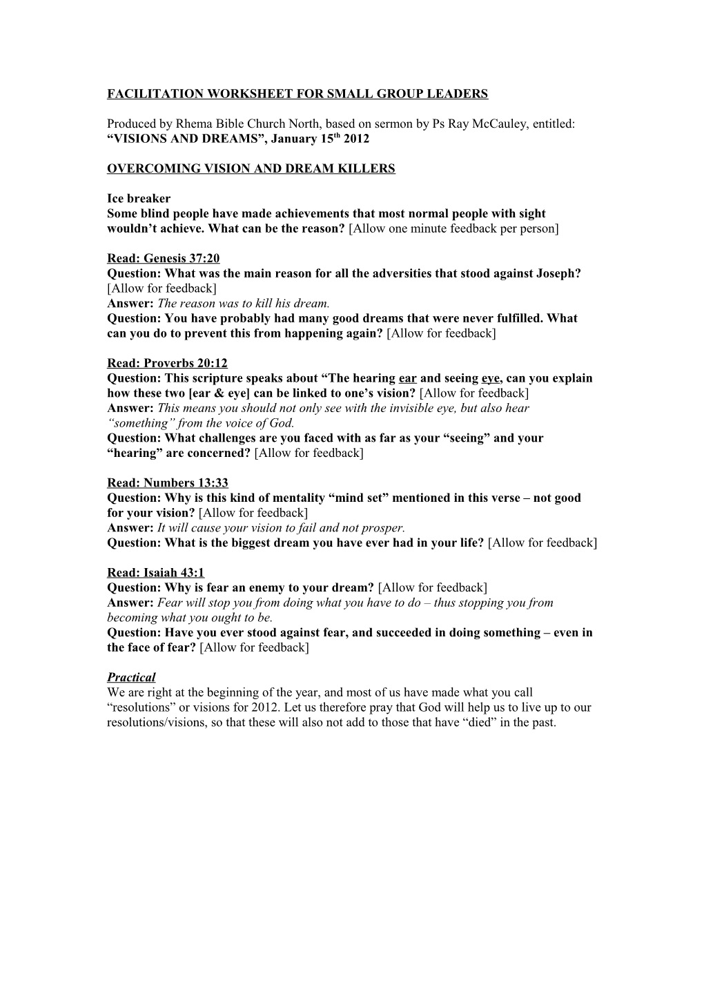 Facilitation Worksheet for Small Group Leaders