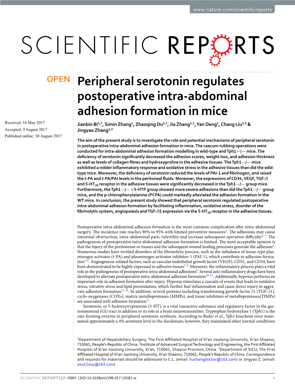 Peripheral Serotonin Regulates Postoperative Intra-Abdominal