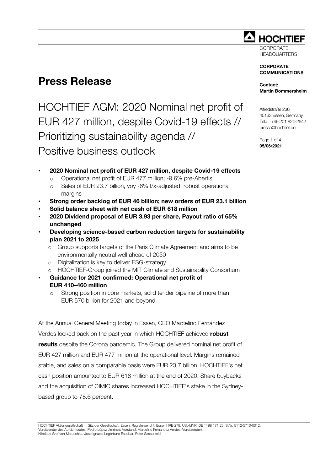 Press Release HOCHTIEF AGM: 2020 Nominal Net Profit of EUR 427