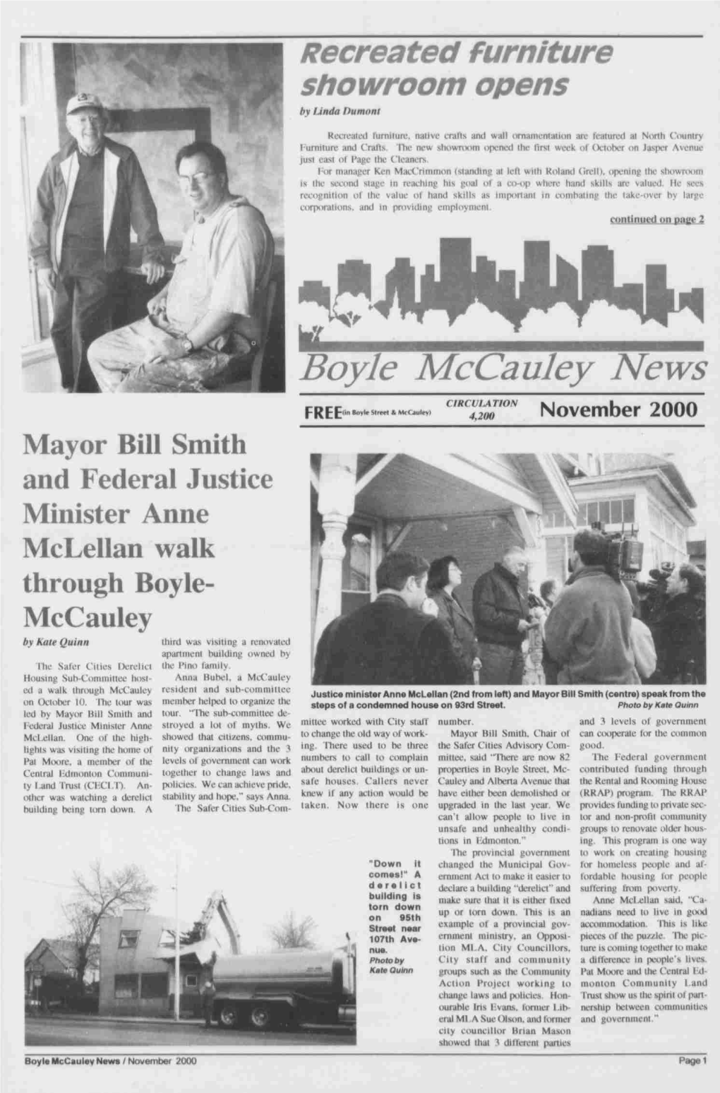 Boyle Mccauley News W P (In Boyle Street & Mccauley) J 2Q0 November 2000 Mayor Bill Smith and Federal Justice Minister Anne Mclellan Walk Through