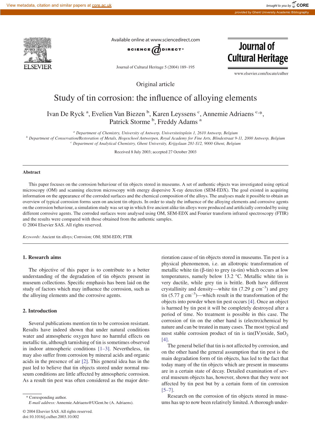 Study of Tin Corrosion: the Influence of Alloying Elements