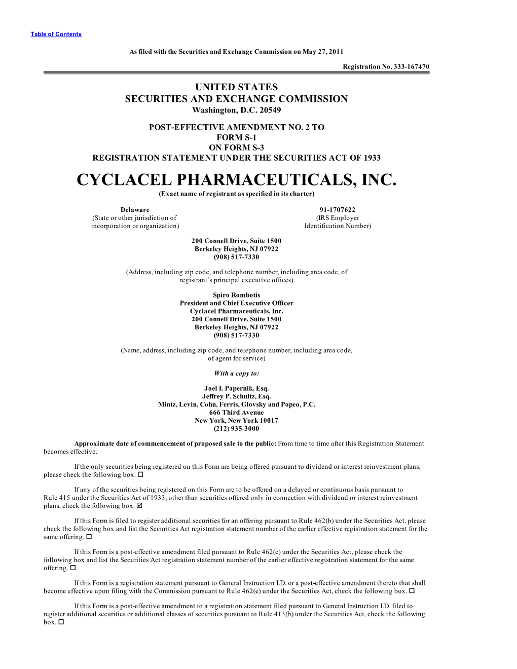 CYCLACEL PHARMACEUTICALS, INC. (Exact Name of Registrant As Specified in Its Charter)