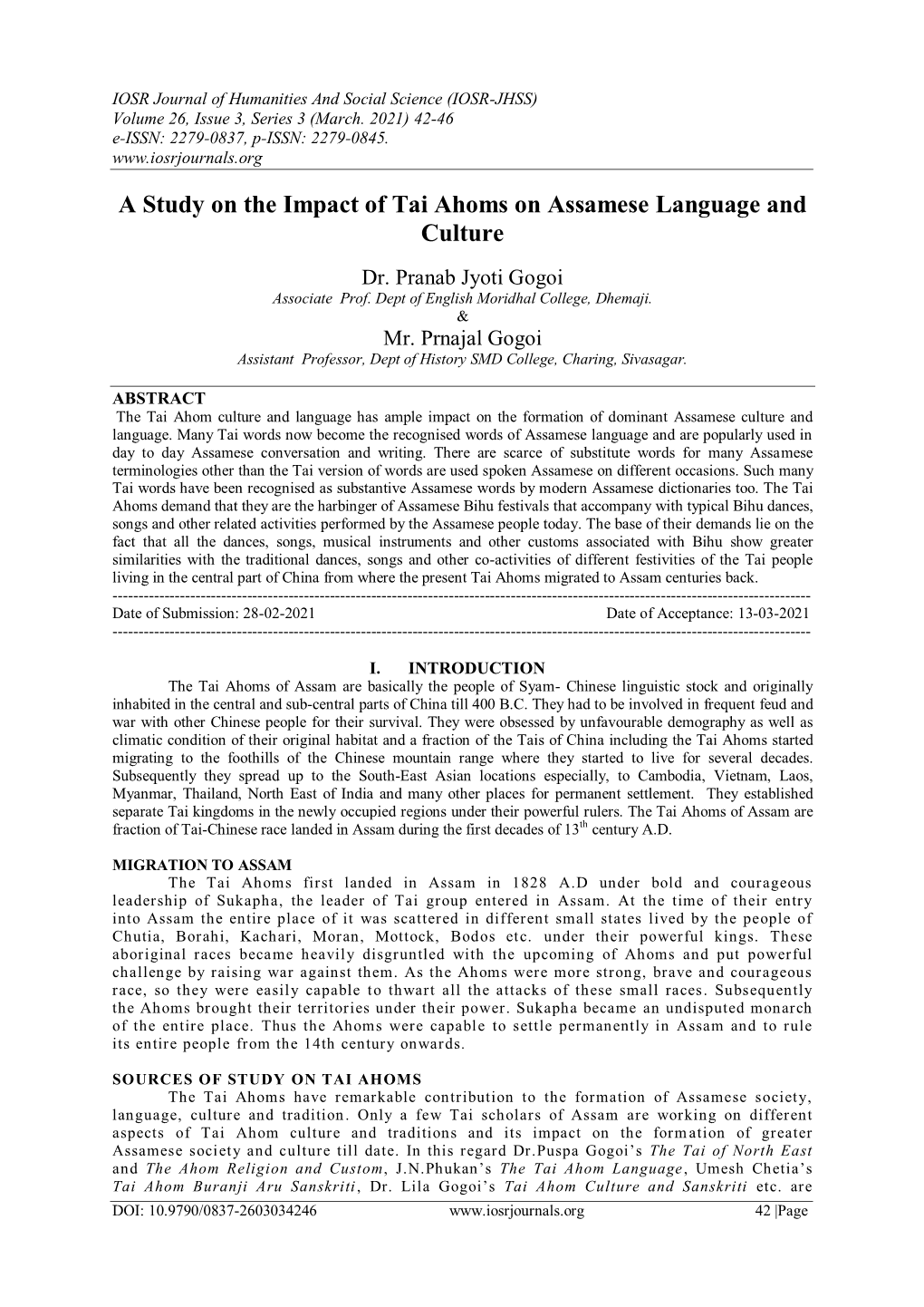 A Study on the Impact of Tai Ahoms on Assamese Language and Culture