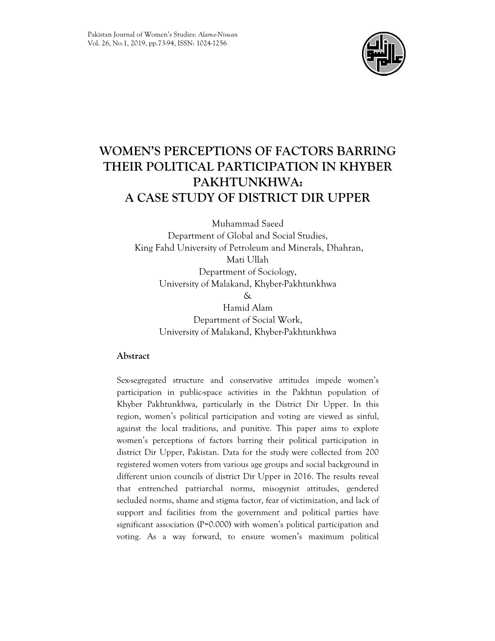 Women's Perceptions of Factors Barring Their Political Participation In