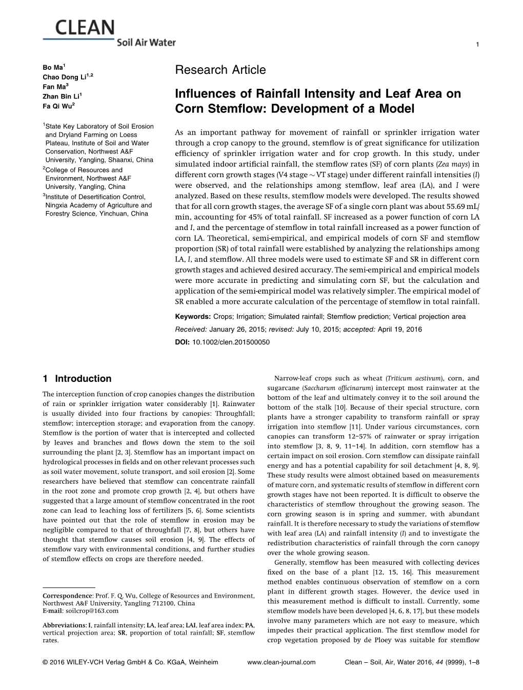 Influences of Rainfall Intensity and Leaf Area on Corn Stemflow