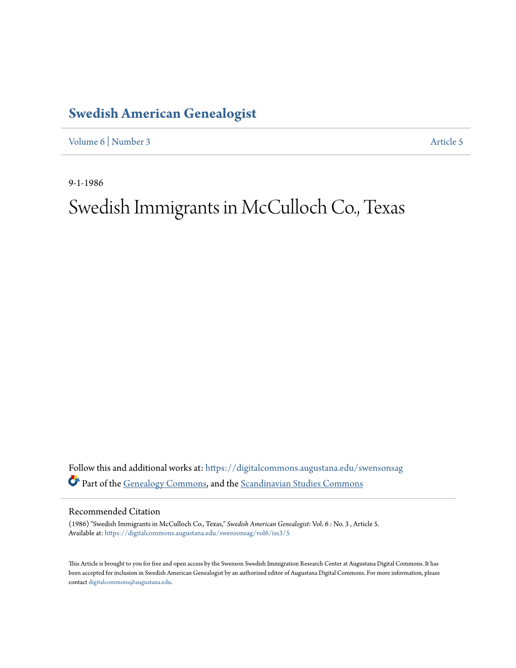 Swedish Immigrants in Mcculloch Co., Texas