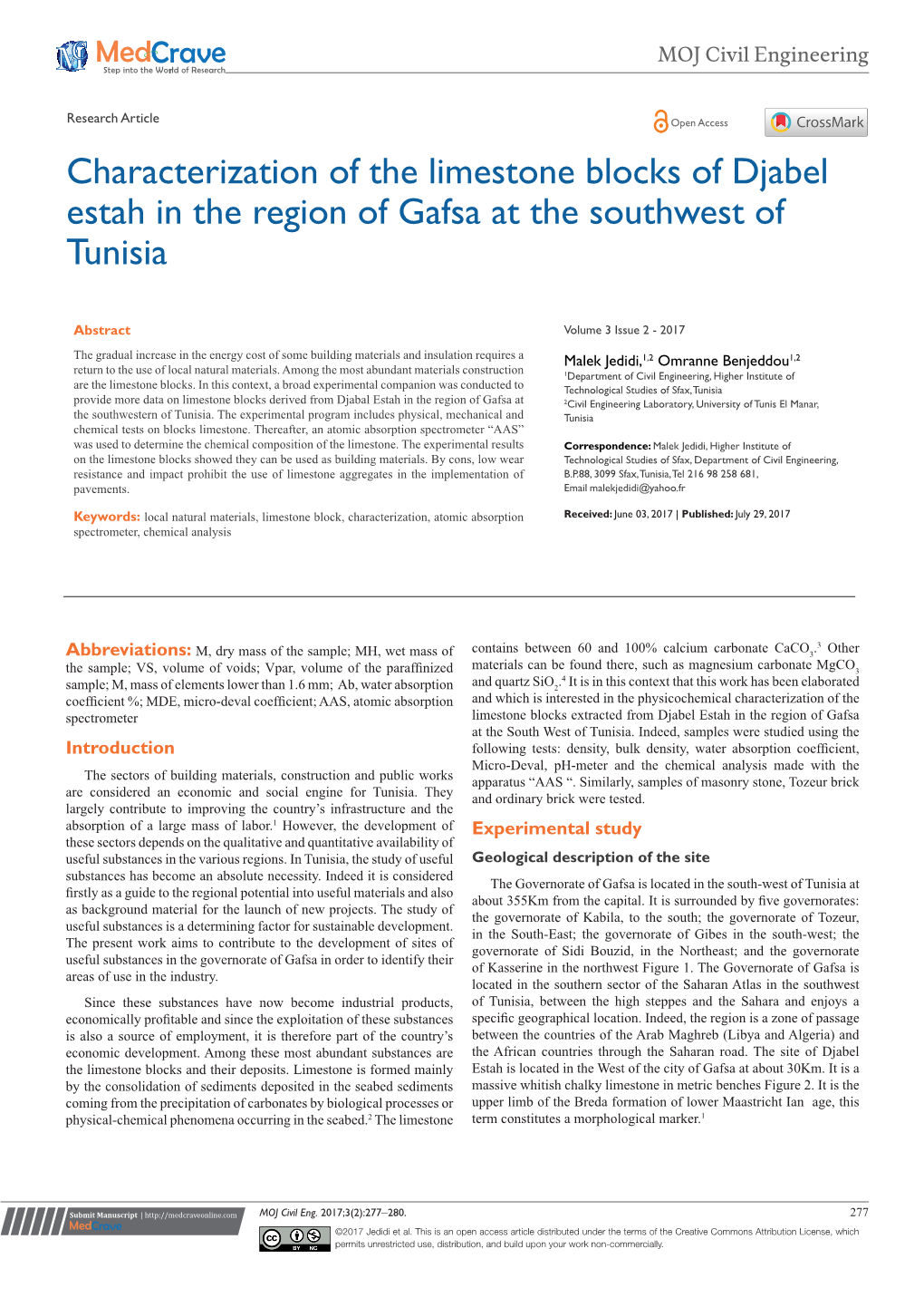 Characterization of the Limestone Blocks of Djabel Estah in the Region of Gafsa at the Southwest of Tunisia