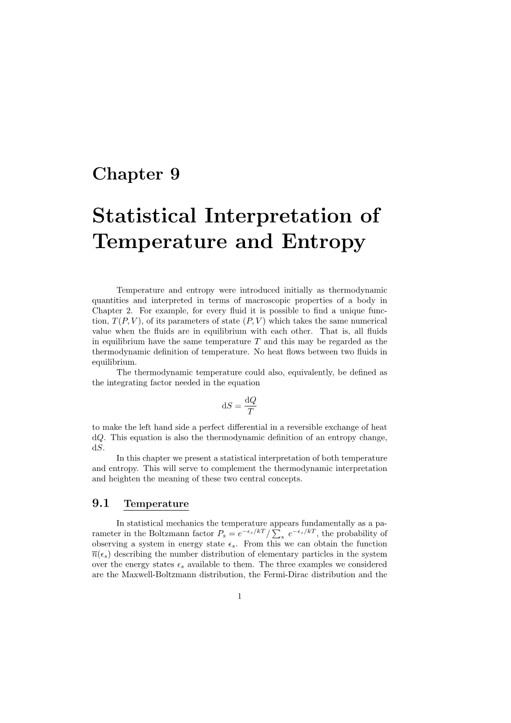 Statistical Interpretation of Temperature and Entropy