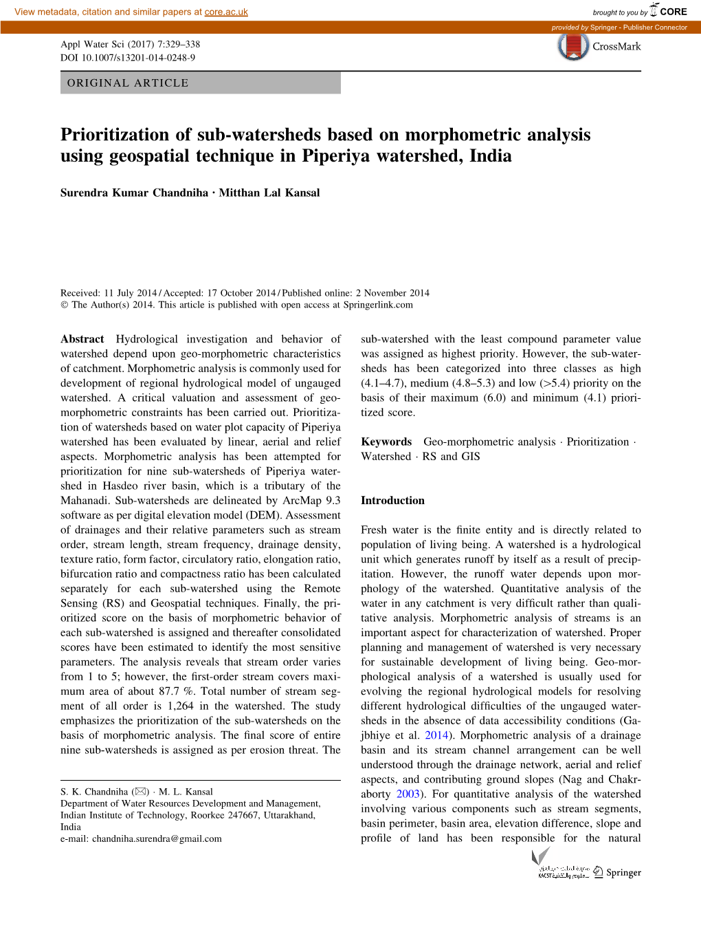 Prioritization of Sub-Watersheds Based on Morphometric Analysis Using Geospatial Technique in Piperiya Watershed, India