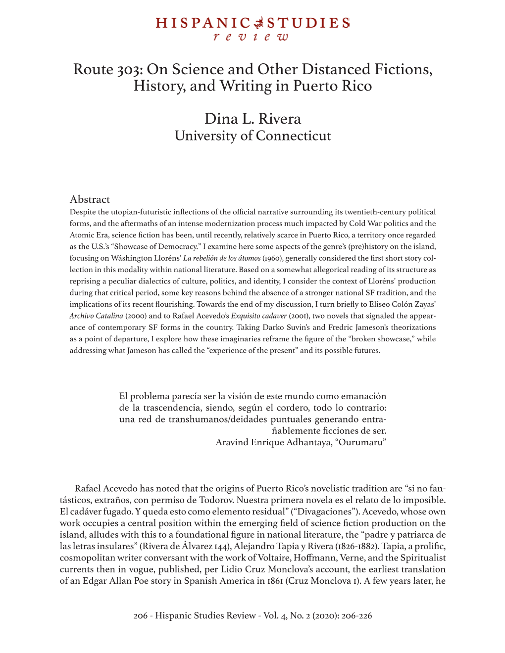 Route 303: on Science and Other Distanced Fictions, History, and Writing in Puerto Rico Dina L