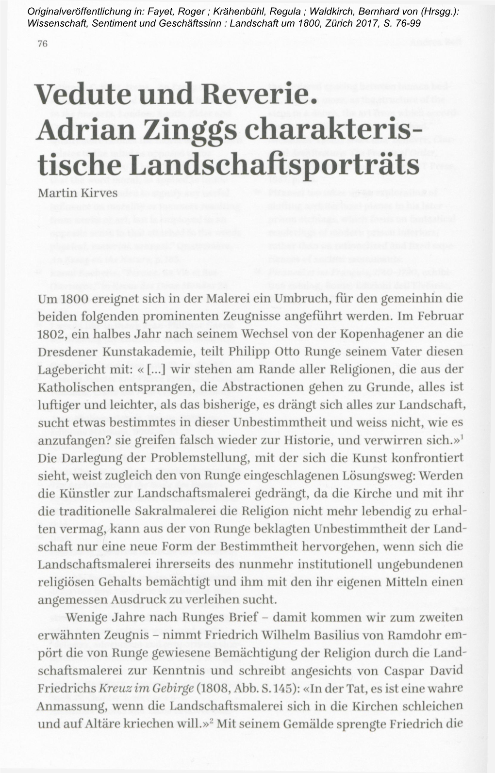 Vedute Und Reverie. Adrian Zinggs Charakteris Tische Landschaftsporträts