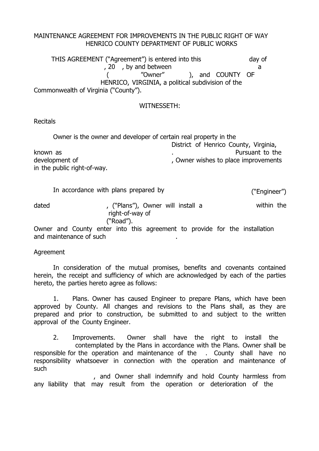 Maintenance Agreement for Improvements in the Public Right of Way