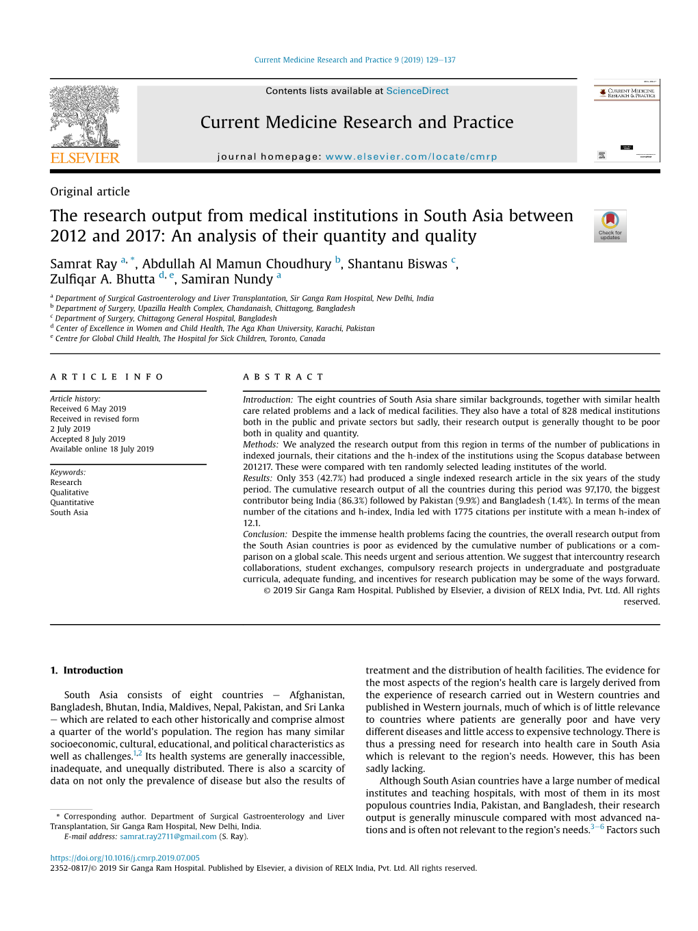 The Research Output from Medical Institutions in South Asia Between 2012 and 2017: an Analysis of Their Quantity and Quality