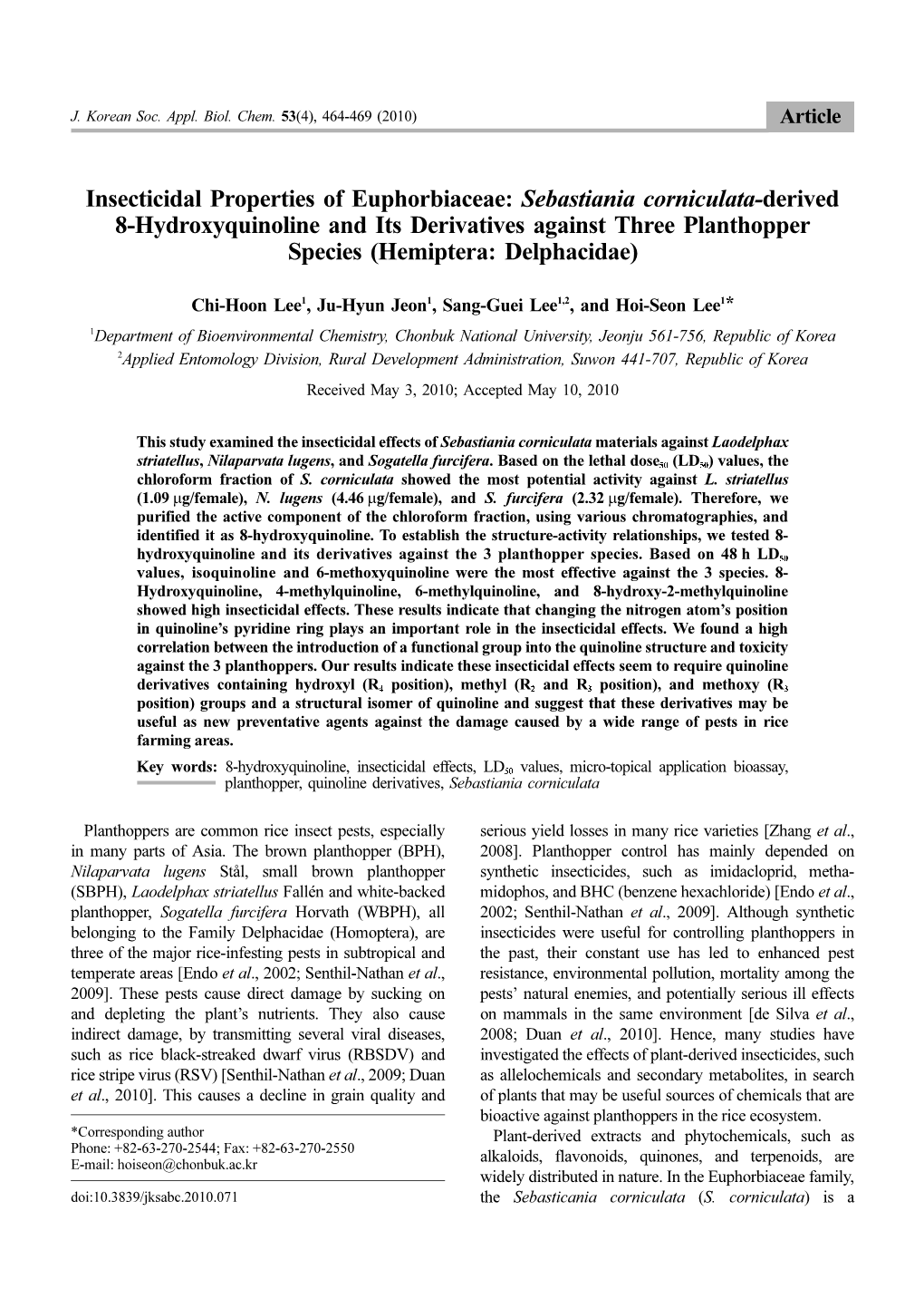 Insecticidal Properties of Euphorbiaceae: Sebastiania