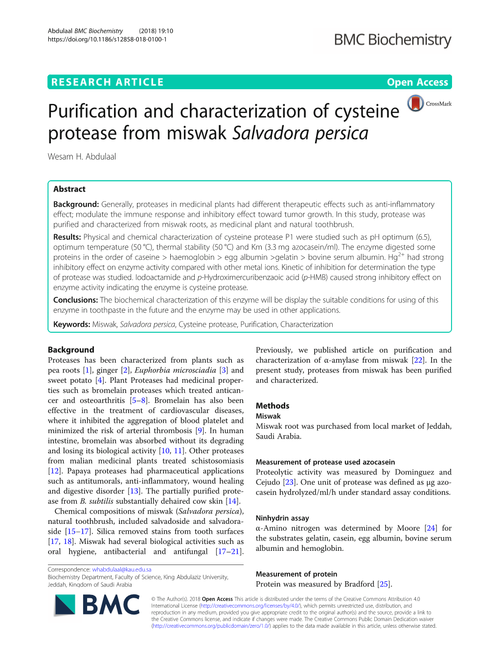 Purification and Characterization of Cysteine Protease from Miswak Salvadora Persica Wesam H