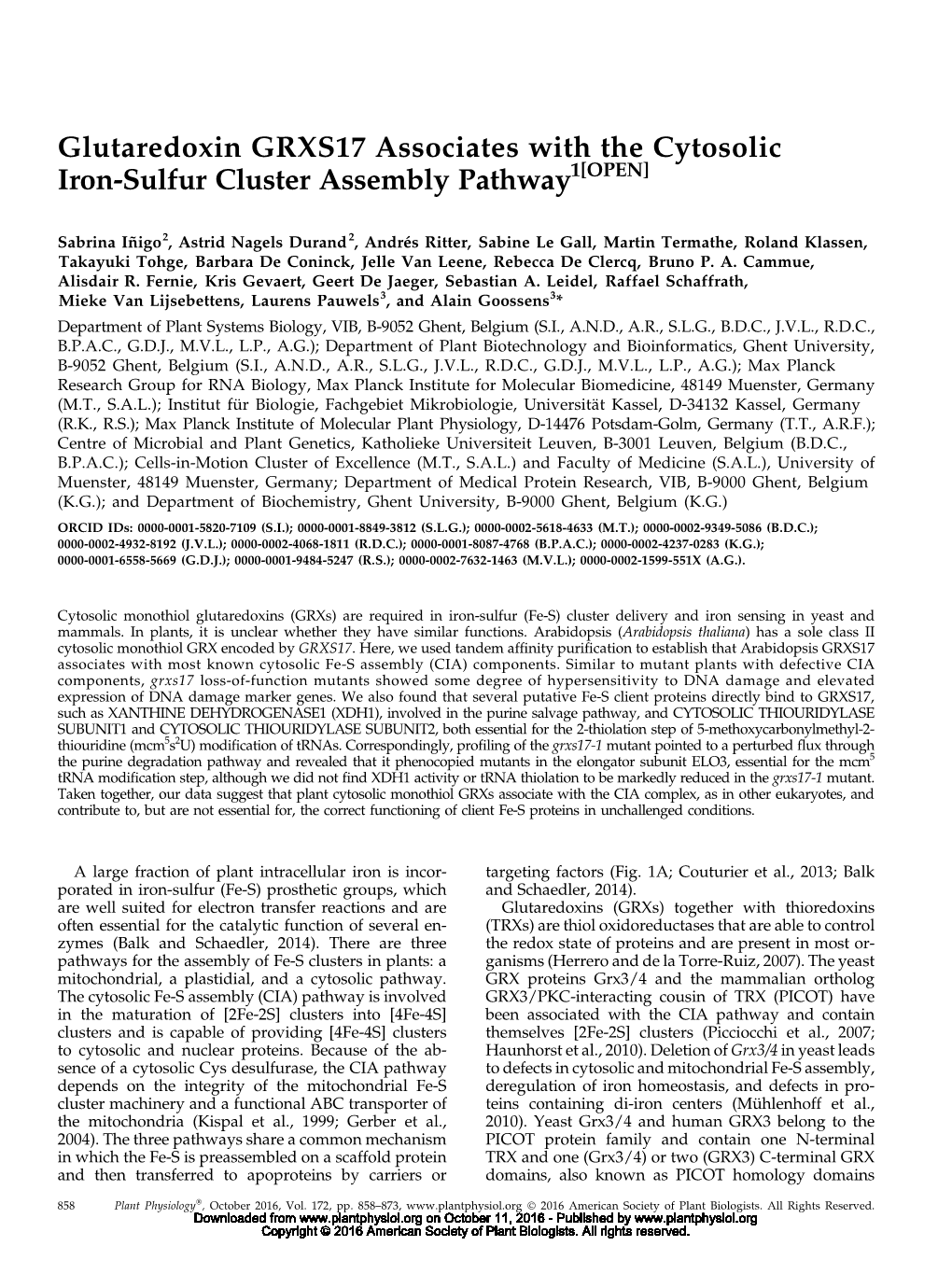 Glutaredoxin GRXS17 Associates with the Cytosolic Iron-Sulfur Cluster Assembly Pathway1[OPEN]