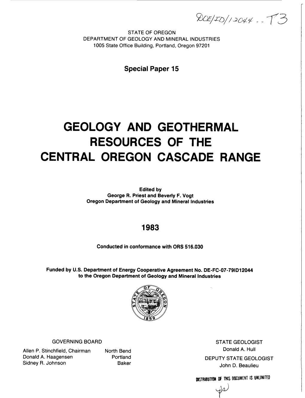 Geology and Geothermal Resources of the Central Oregon Cascade Range