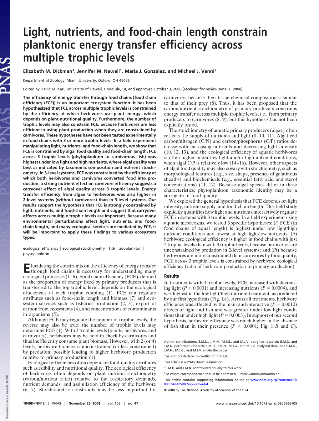 Light, Nutrients, and Food-Chain Length Constrain Planktonic Energy Transfer Efficiency Across Multiple Trophic Levels