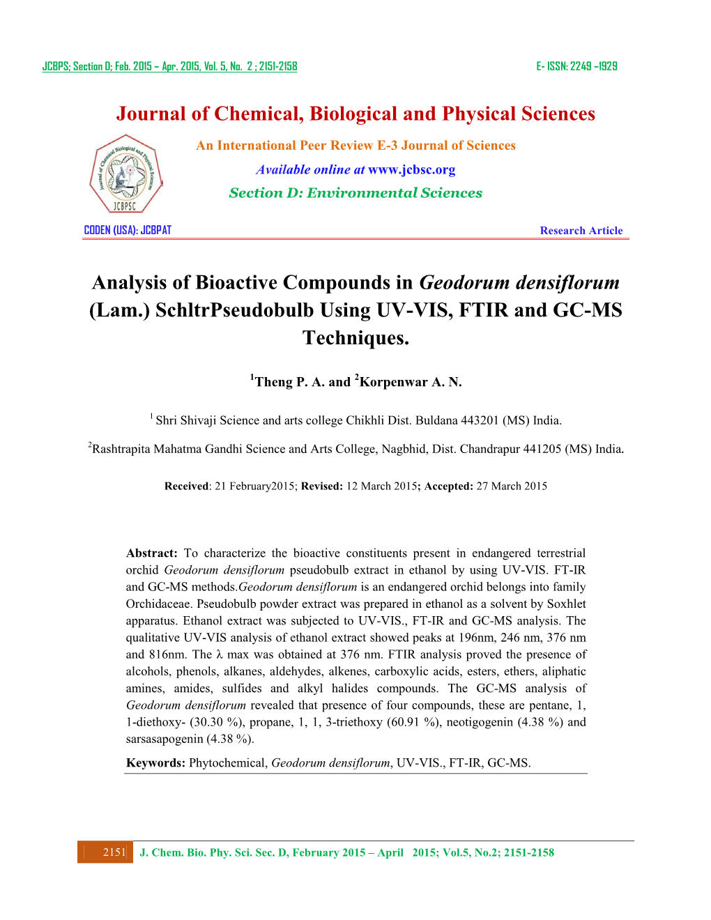 Journal of Chemical, Biological and Physical Sciences Analysis Of