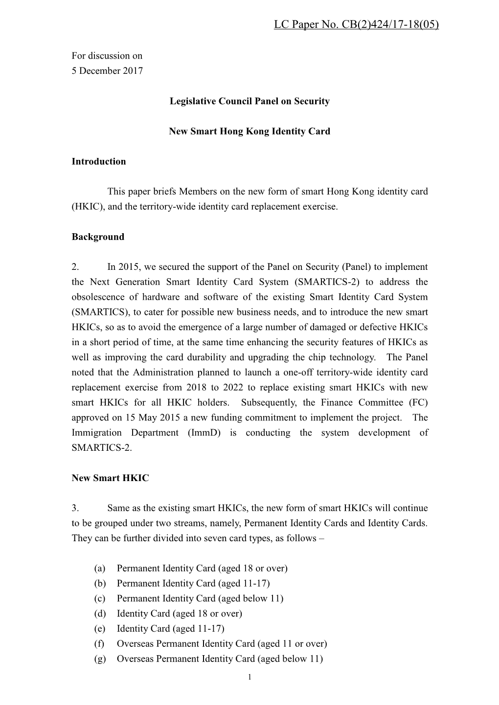 Administration's Paper on New Smart Hong Kong Identity Card