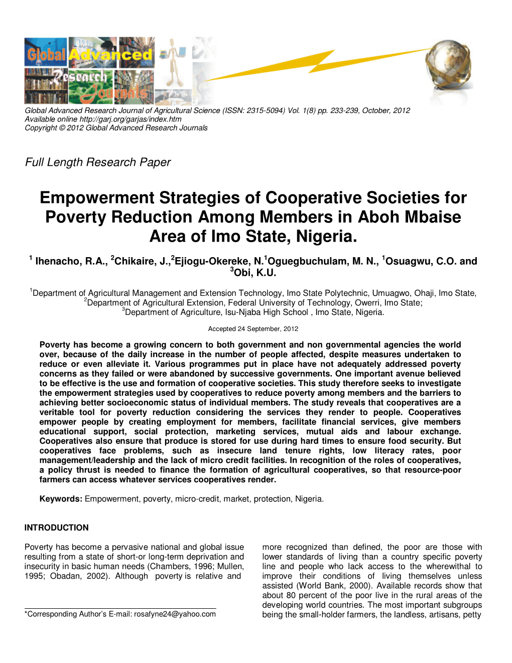 Empowerment Strategies of Cooperative Societies for Poverty Reduction Among Members in Aboh Mbaise Area of Imo State, Nigeria