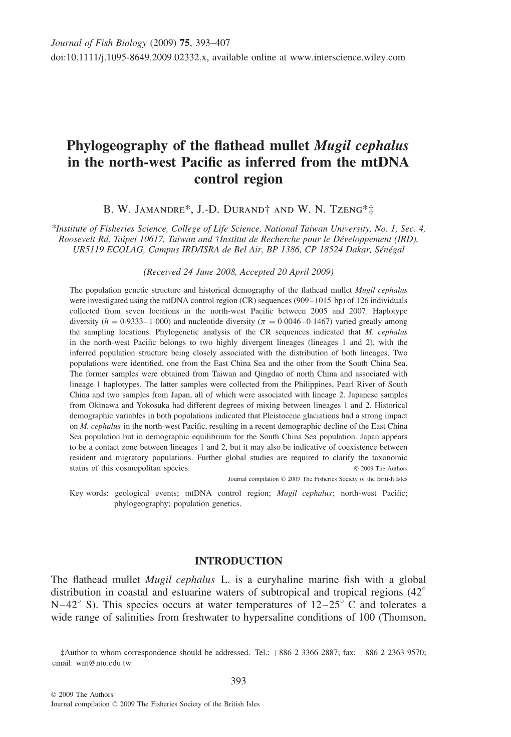 Phylogeography of the Flathead Mullet Mugil Cephalus in the North-West