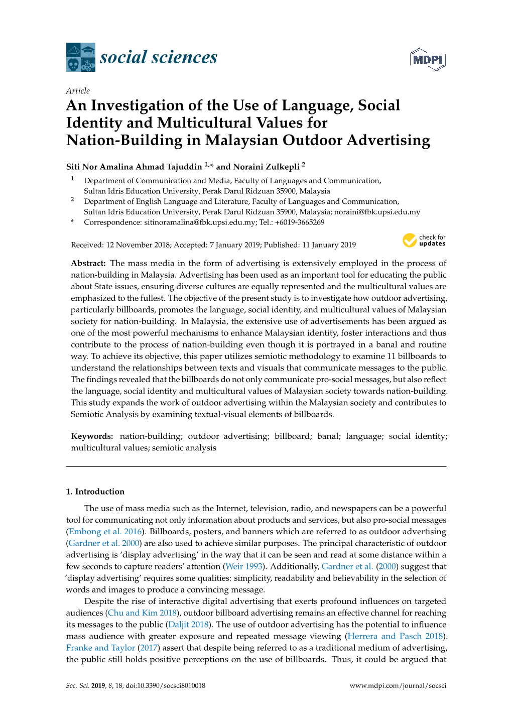An Investigation of the Use of Language, Social Identity and Multicultural Values for Nation-Building in Malaysian Outdoor Advertising