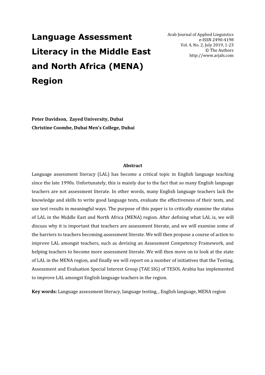 Language Assessment Literacy in the Middle East and North Africa (MENA) Region