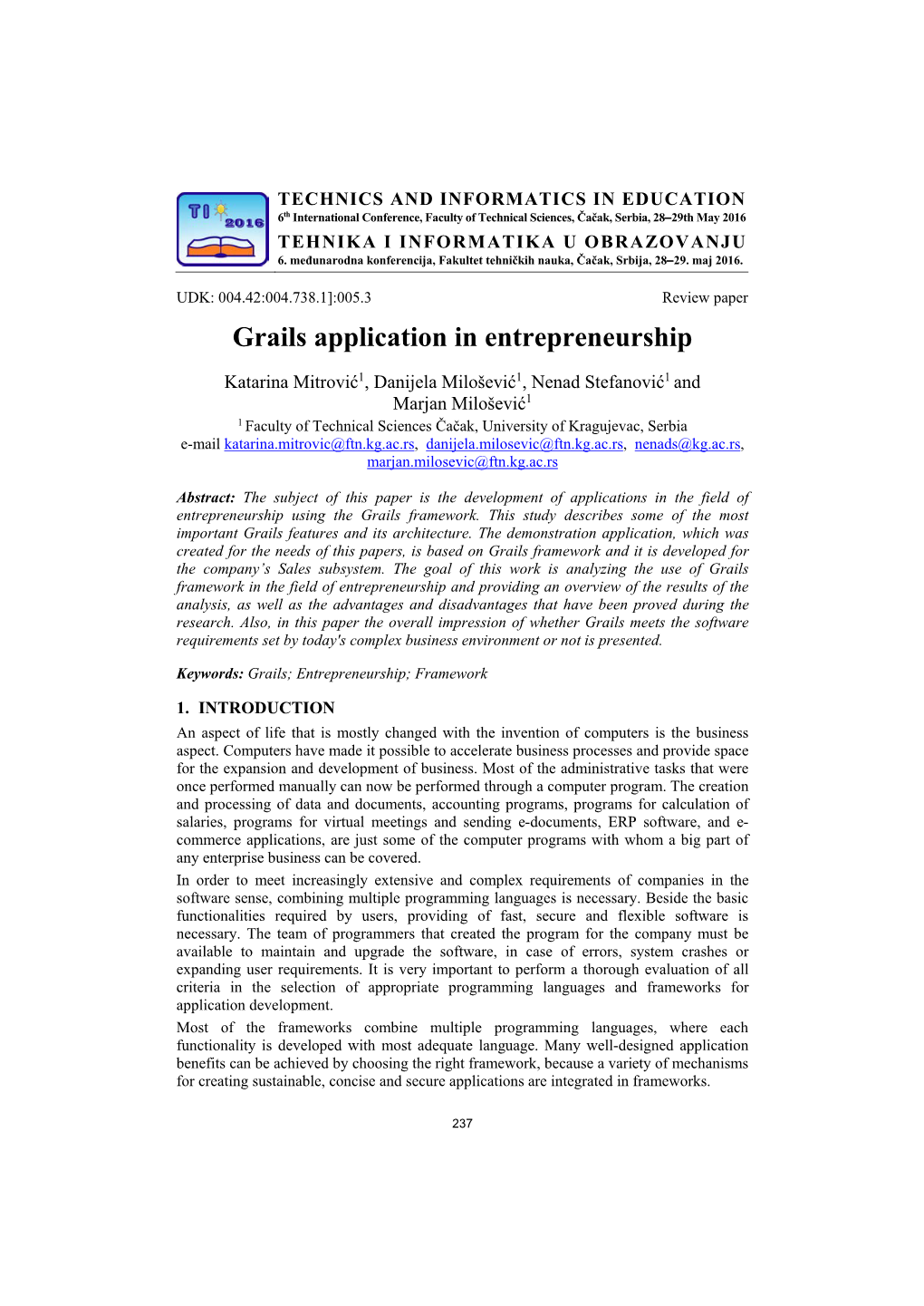 Grails Application in Entrepreneurship