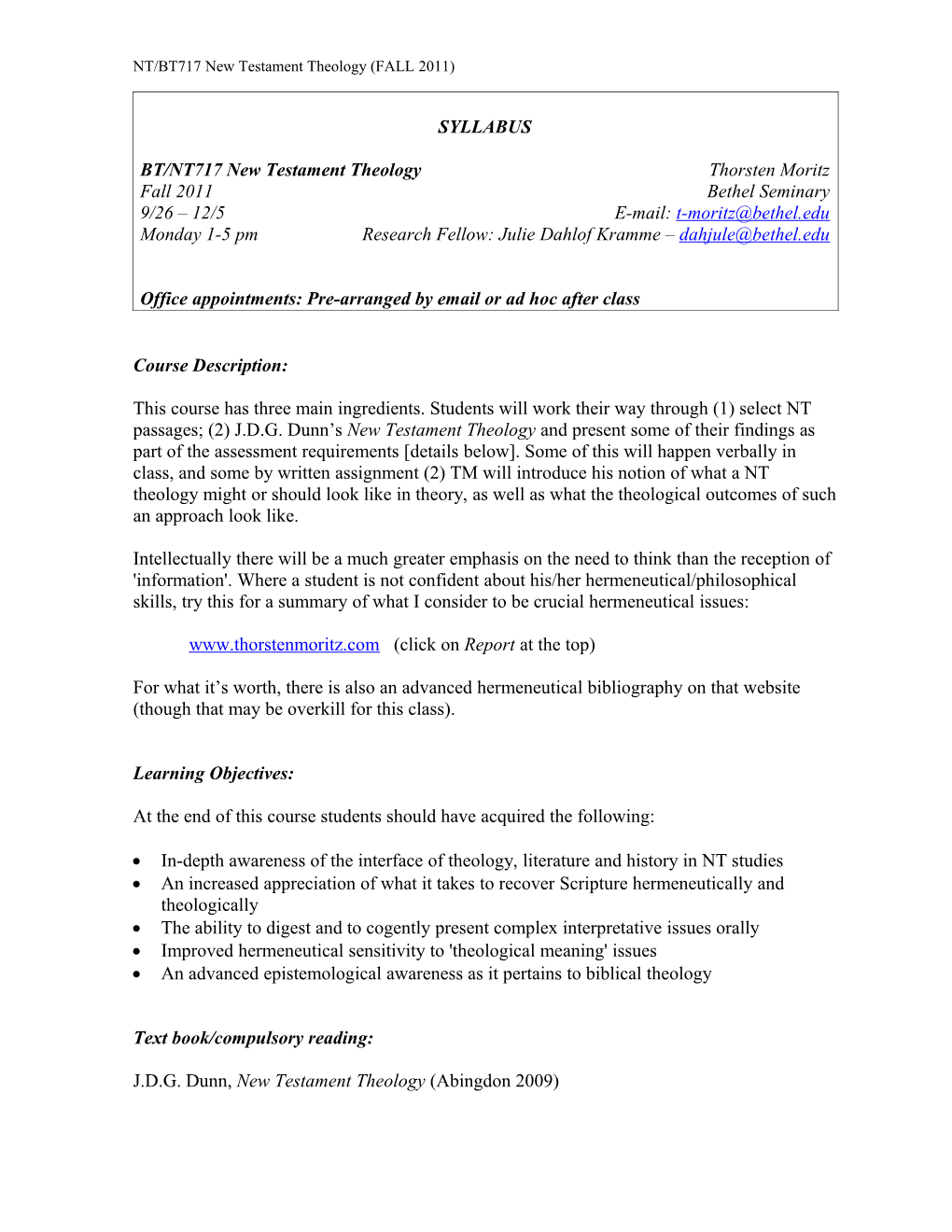 Syllabus for NT102 Acts and the Pauline Epistles