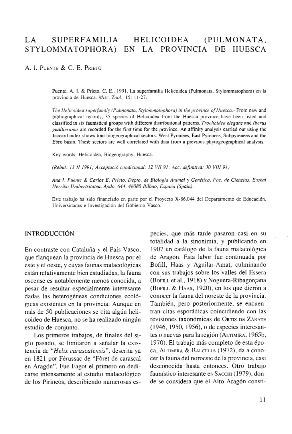 La Superfamilia Helicoidea (Pulmonata, Stylommatophora) En La Provincia De Huesca