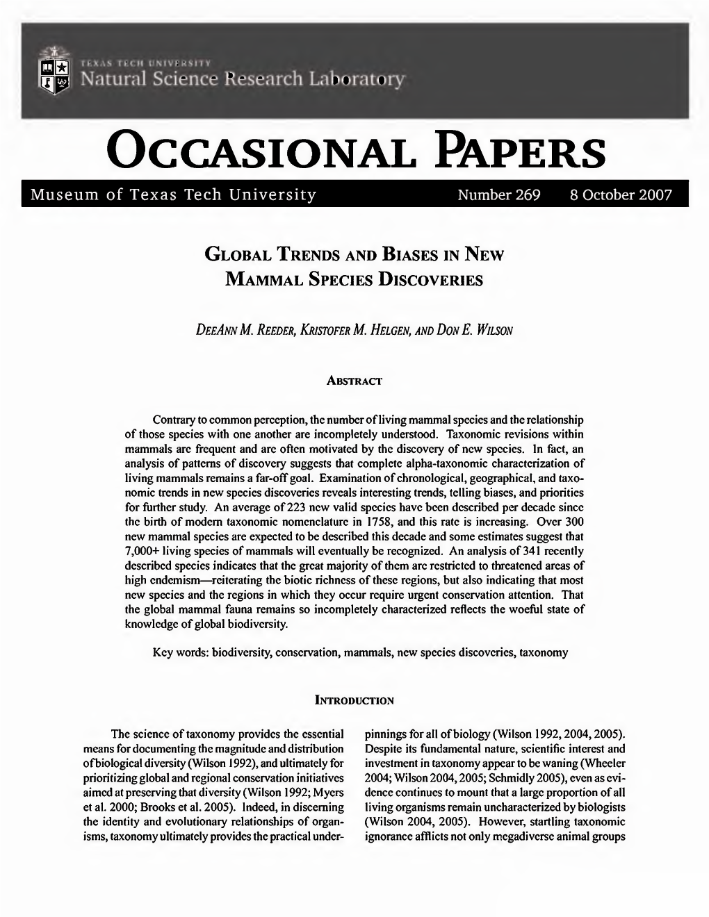 OCCASIONAL PAPERS Museum of Texas Tech University Number 269 8 October 2007