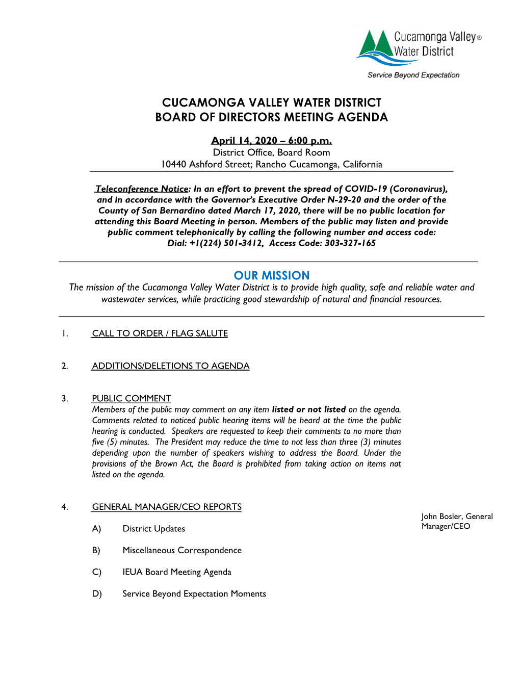 Cucamonga Valley Water District Board of Directors Meeting Agenda