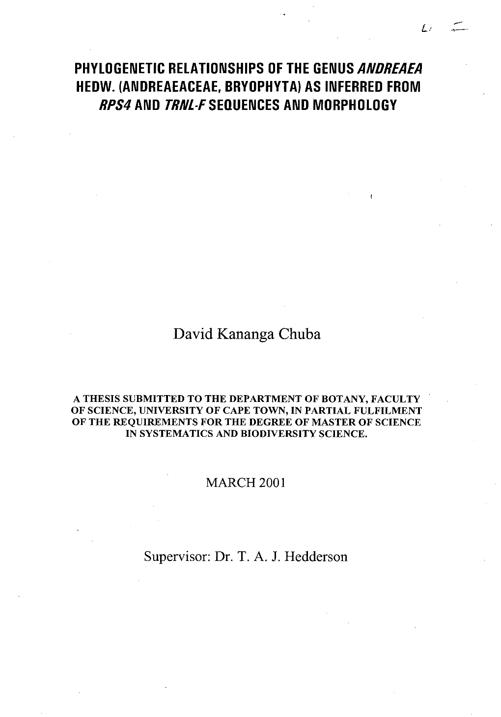 Phylogenetic Relationships of the Genus Andreaea Hedw