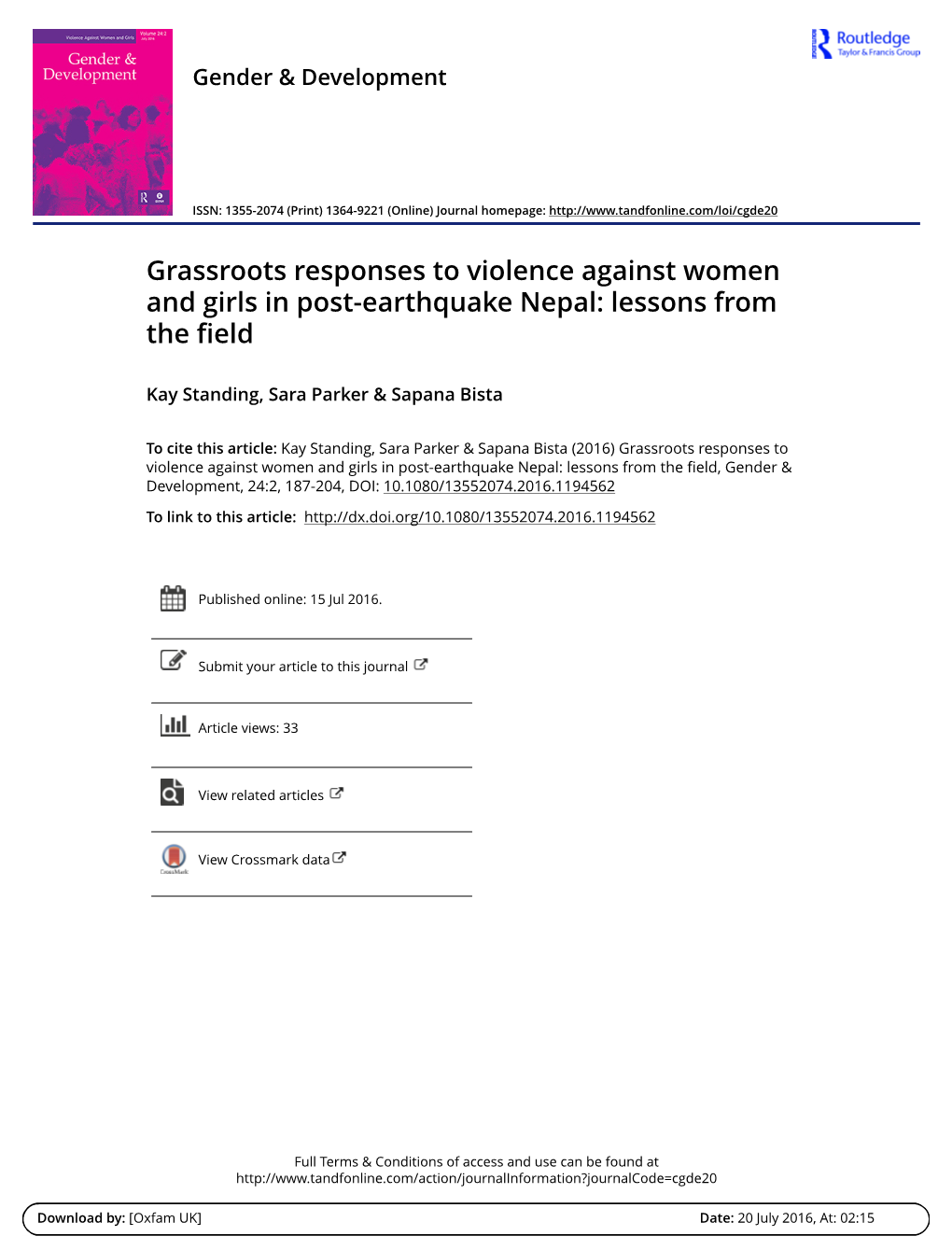 Grassroots Responses to Violence Against Women and Girls in Post-Earthquake Nepal: Lessons from the Field