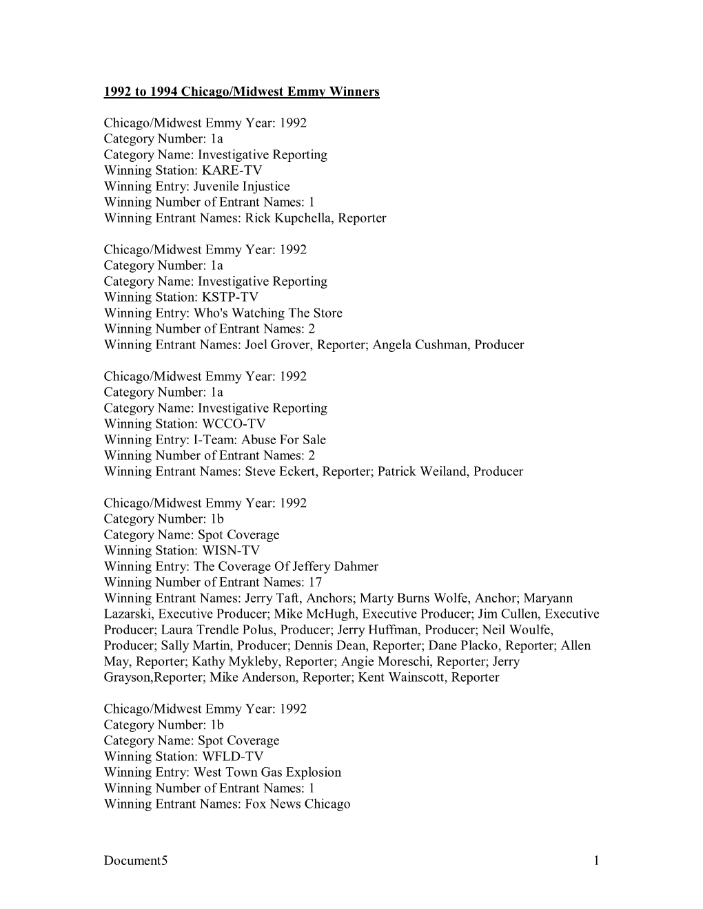 1992 to 1994 Chicago/Midwest Emmy Winners