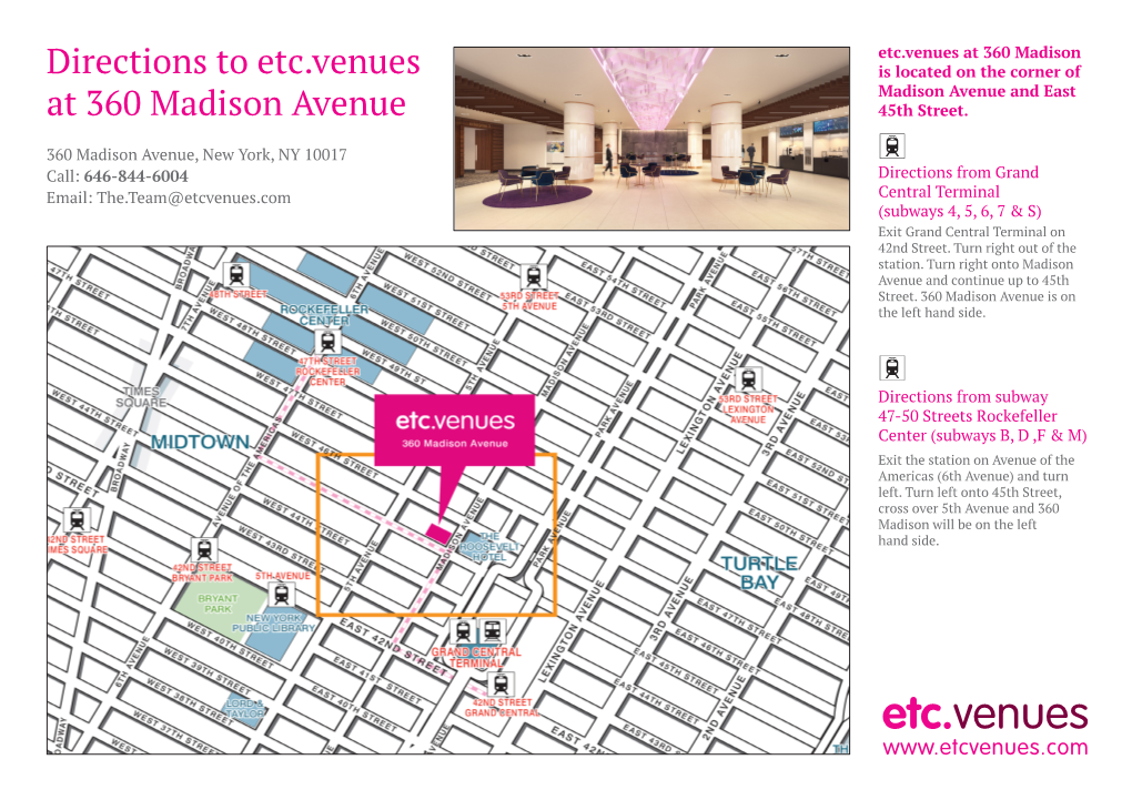 Directions to Etc.Venues at 360 Madison Avenue