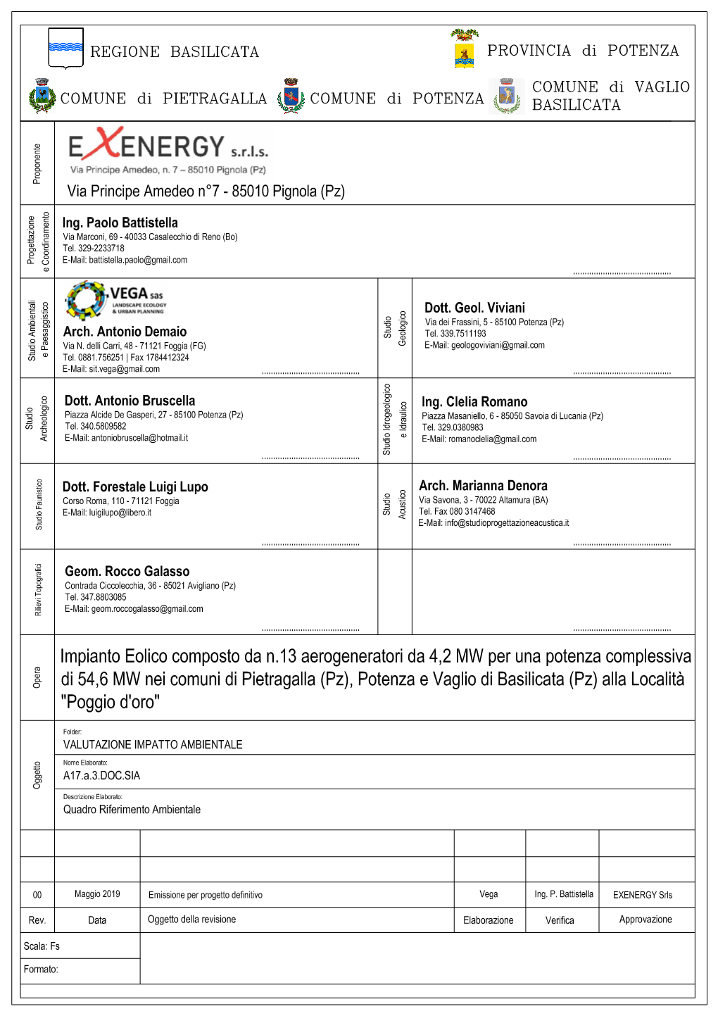 1.DOC.SIA Quadroriferimentoa Protocollo: Mbientale Data Emissione: 2019 Committente: EXENERGY SRL N° Commessa: 2019-006 F03 DOC SIA File