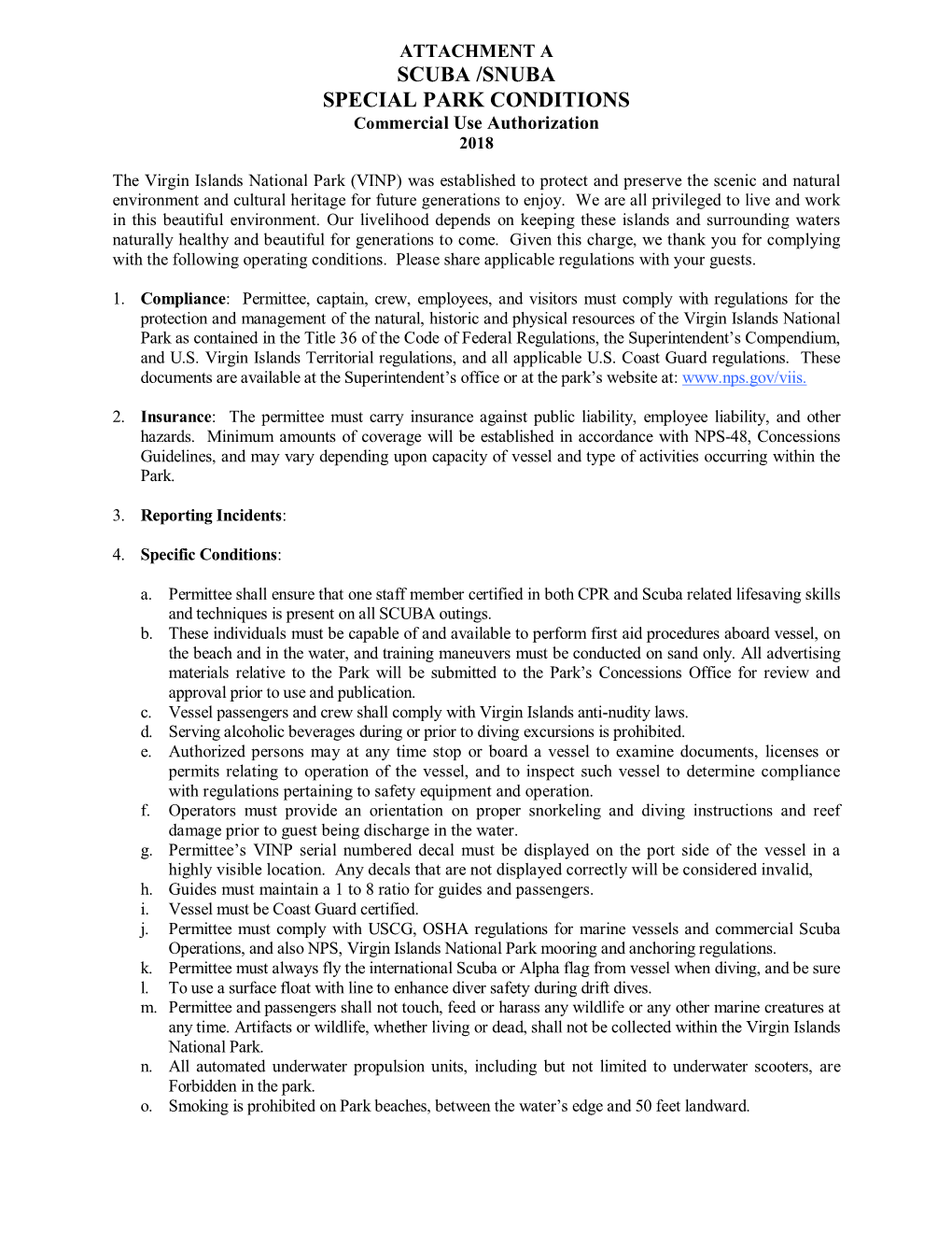 SCUBA /SNUBA SPECIAL PARK CONDITIONS Commercial Use Authorization 2018