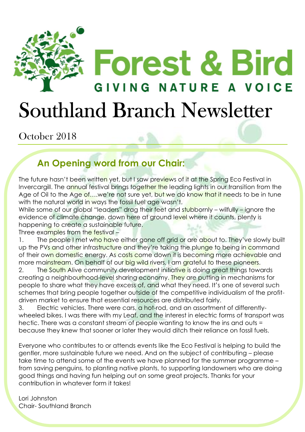 Southland Branch Newsletter October 2018