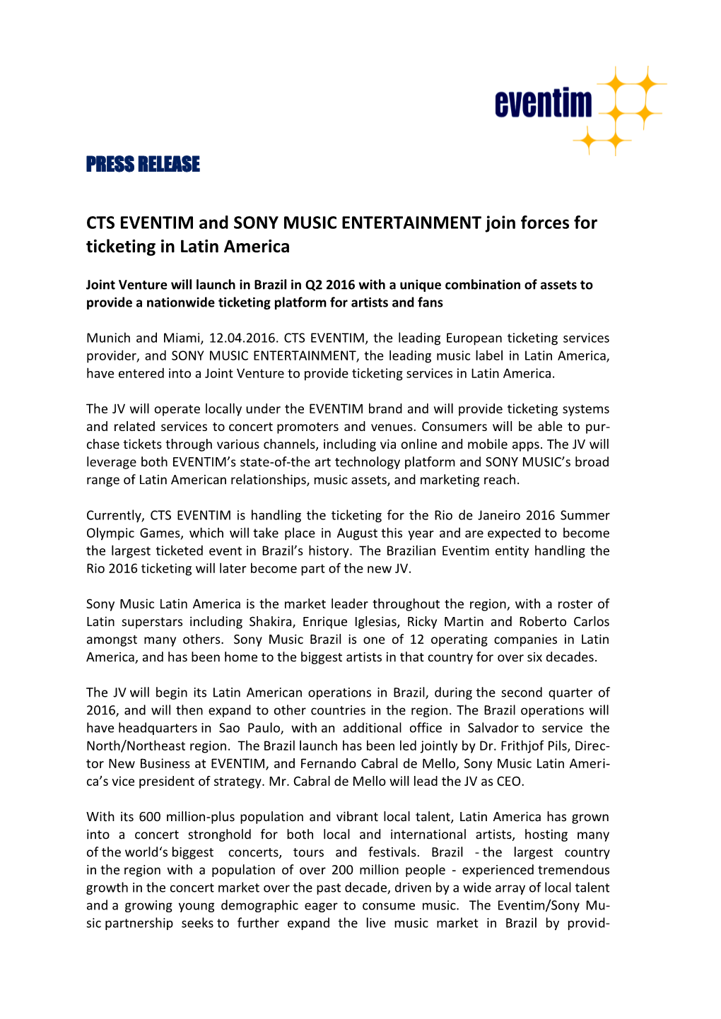 PRESS RELEASE CTS EVENTIM and SONY MUSIC ENTERTAINMENT