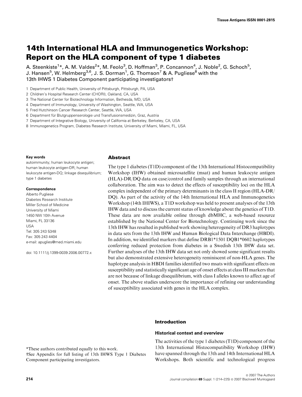 14Th International HLA and Immunogenetics Workshop: Report on the HLA Component of Type 1 Diabetes A