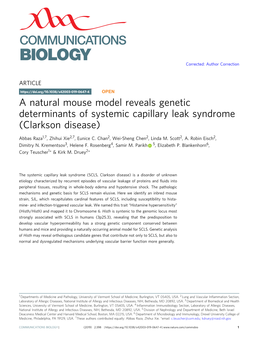 A Natural Mouse Model Reveals Genetic Determinants of Systemic Capillary Leak Syndrome (Clarkson Disease)