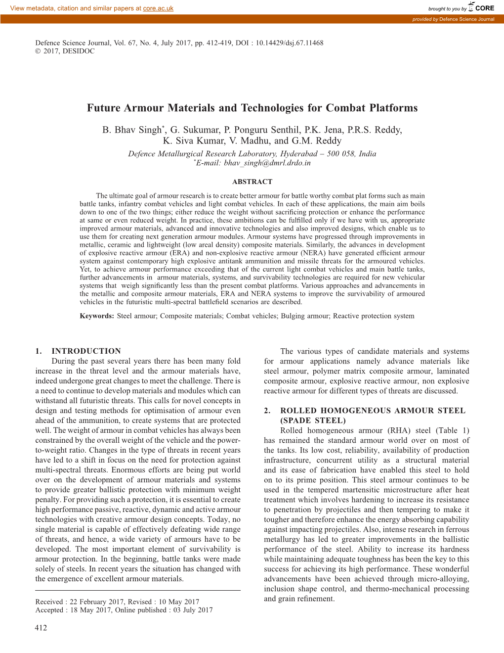 Future Armour Materials and Technologies for Combat Platforms