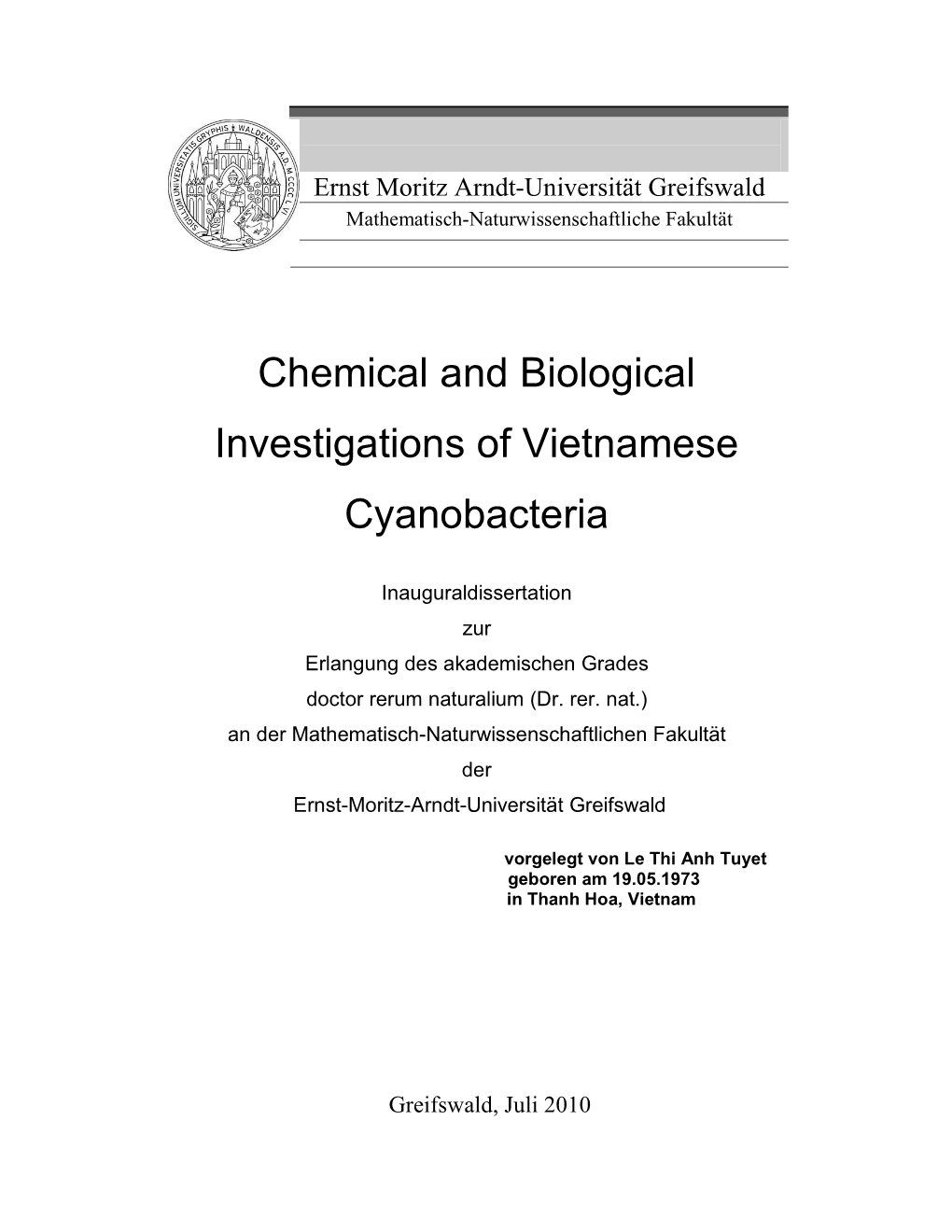 Chemical and Biological Investigations of Vietnamese Cyanobacteria