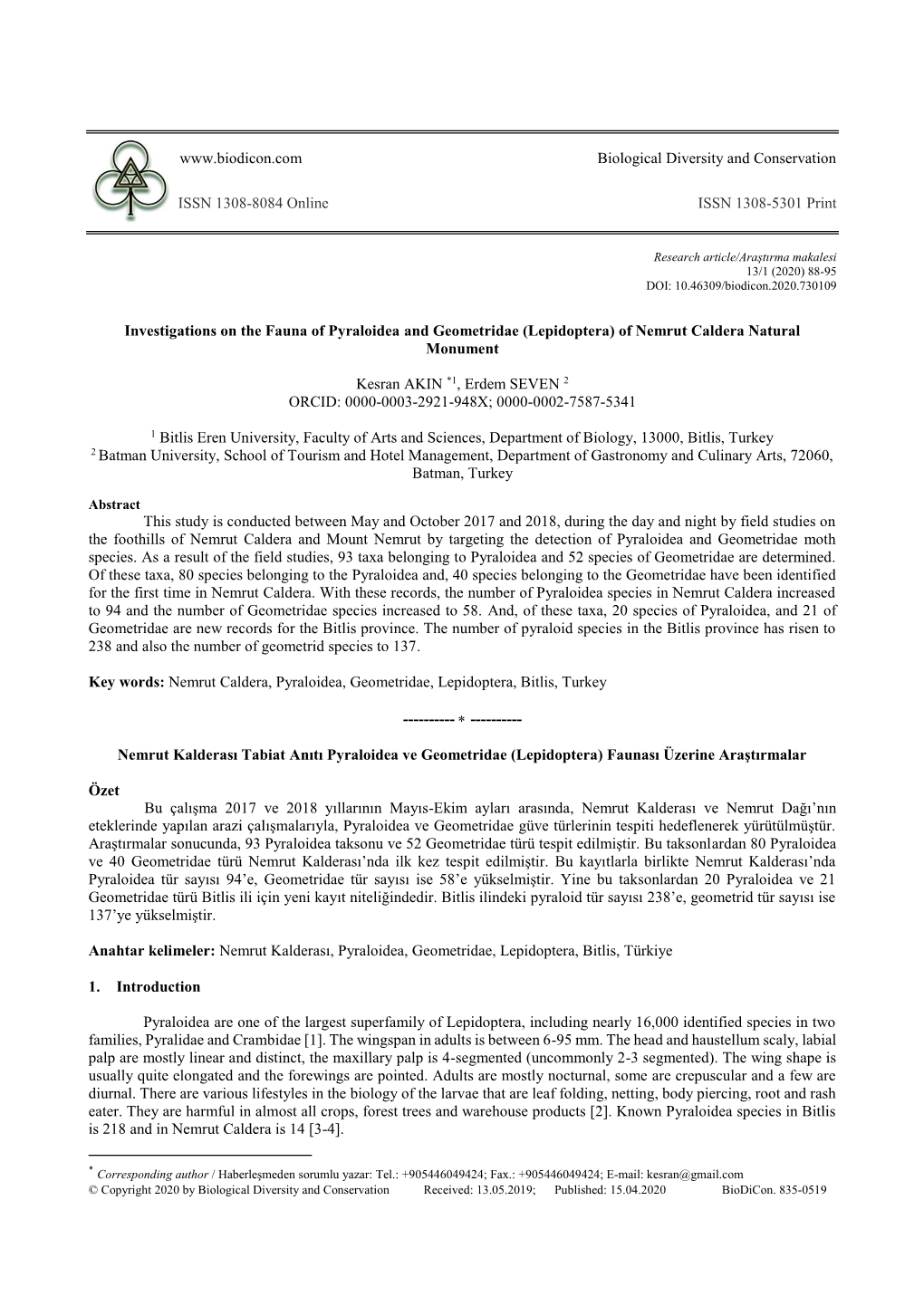 Investigations on the Fauna of Pyraloidea and Geometridae (Lepidoptera) of Nemrut Caldera Natural Monument