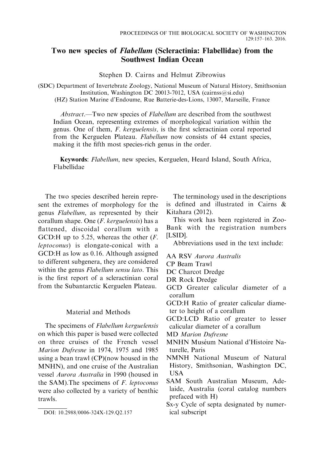 Two New Species of Flabellum (Scleractinia: Flabellidae) from the Southwest Indian Ocean